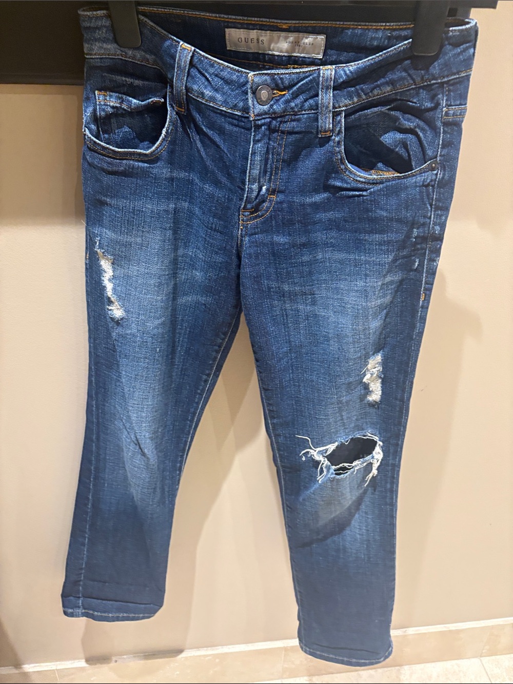 Guess Women's Dark Blue Distressed Cropped Skinny Jeans